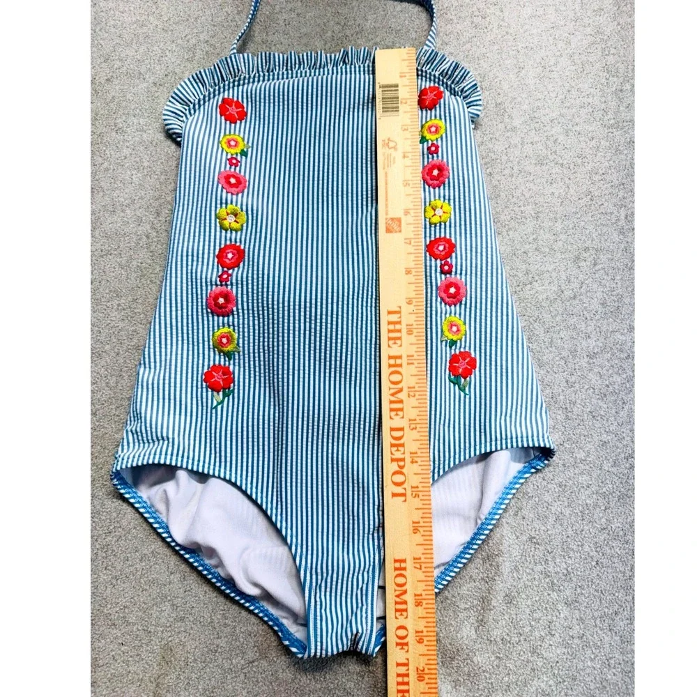 Boden Girl 11-12Y Blue White Stripe One Piece Swimsuit Embroidered Floral Halter
